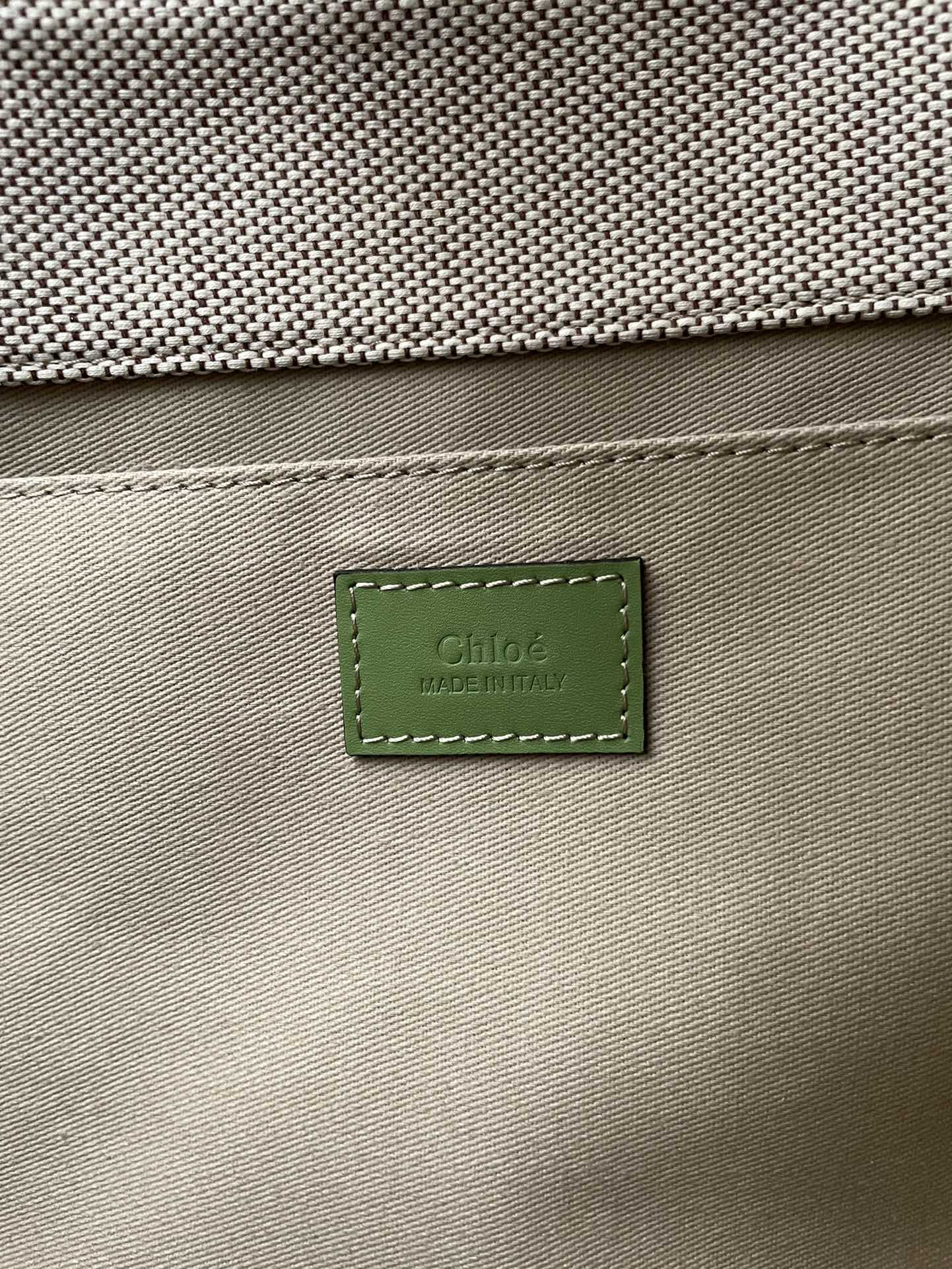LAGRE WOODY TOTE BAG 45 IN BEIGE LINEN CANVAS BLACK WEBBING LOGO EMBROIDER GREEN CALFSKIN