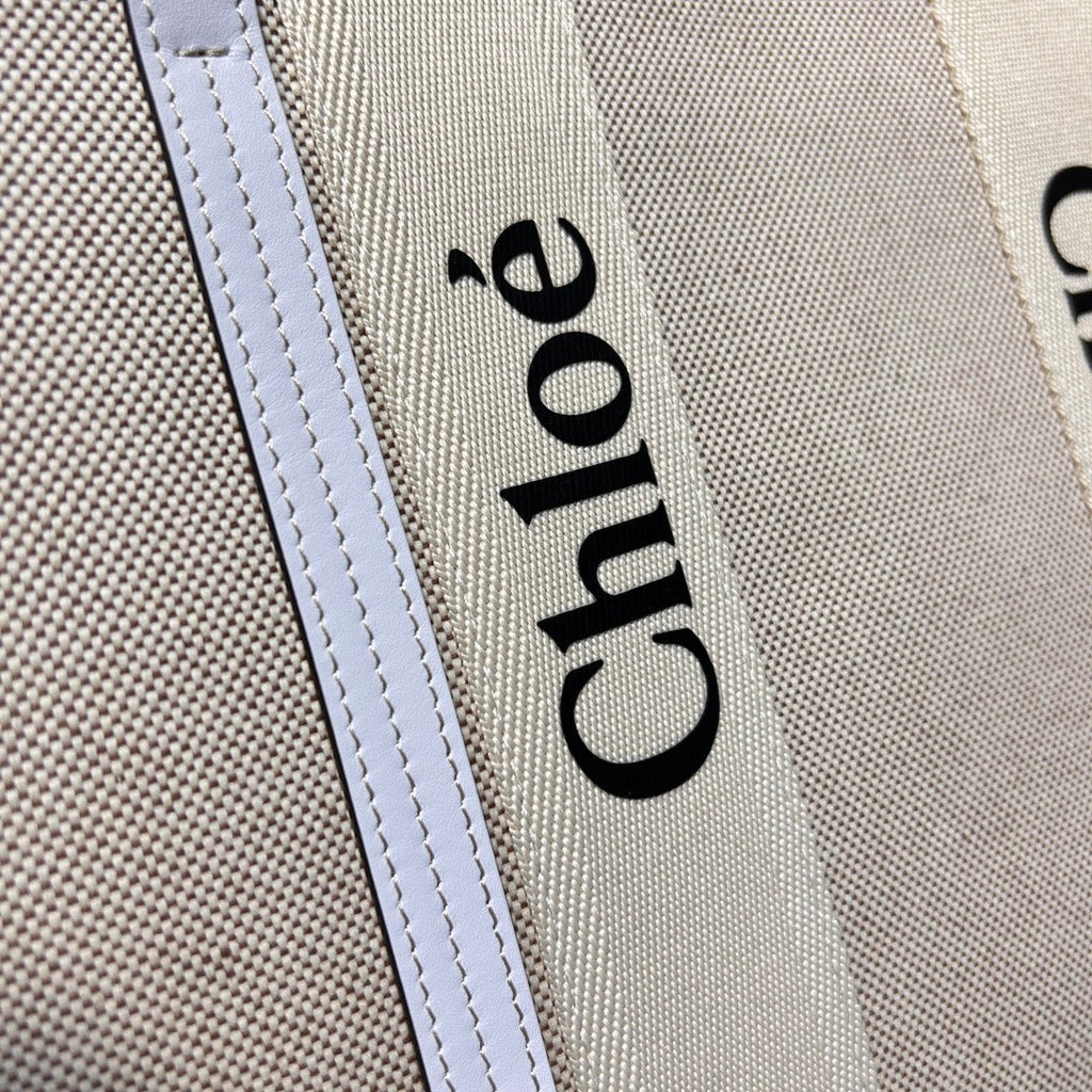LAGRE WOODY TOTE BAG 45 IN BEIGE LINEN CANVAS BLACK WEBBING LOGO EMBROIDER WHITE CALFSKIN