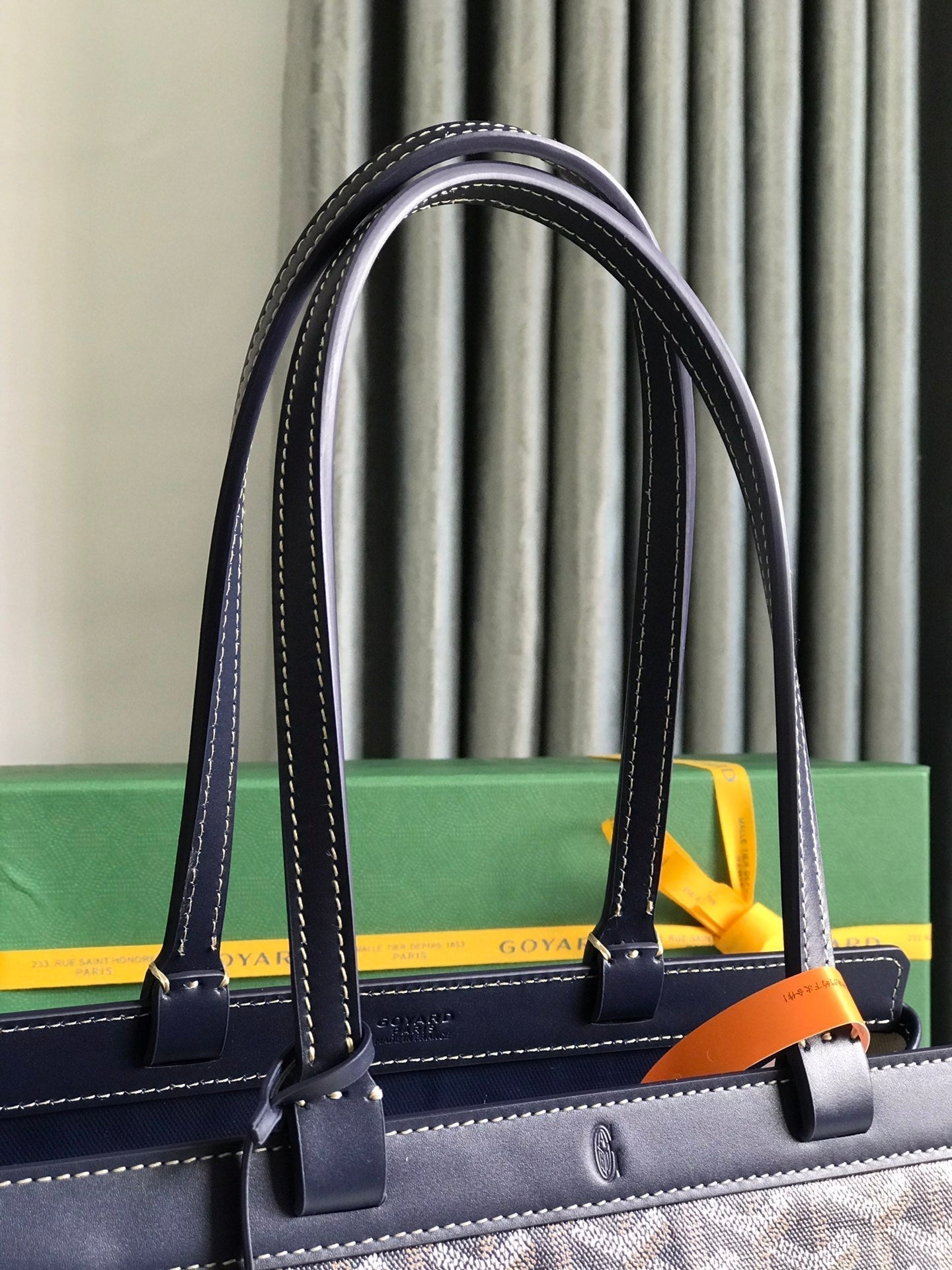 BELLECHASSE BIAUDE PM BAG 36 IN NAVY BLUE GOYARDINE CANVAS AND CALFSKIN TRIM