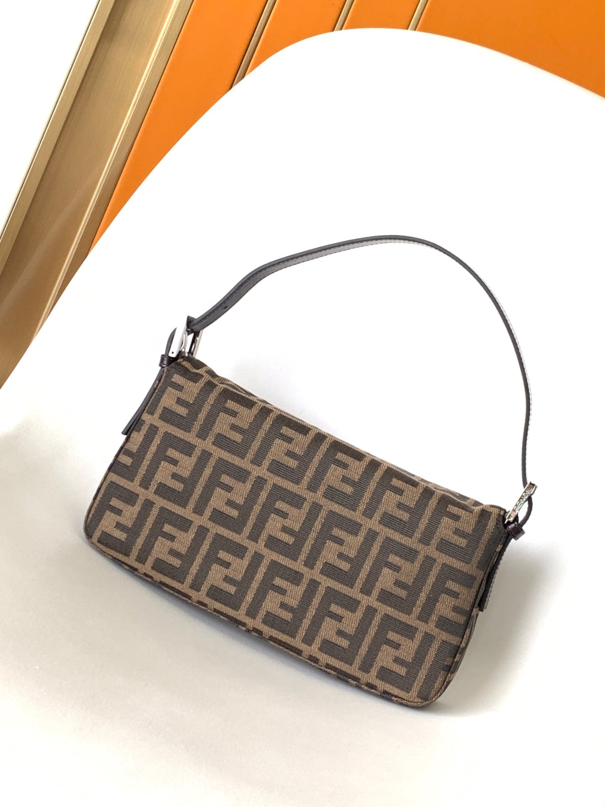 Fend Baguette 27 Shoulder Bag Brown FF Jacquard Fabric Bag Shw