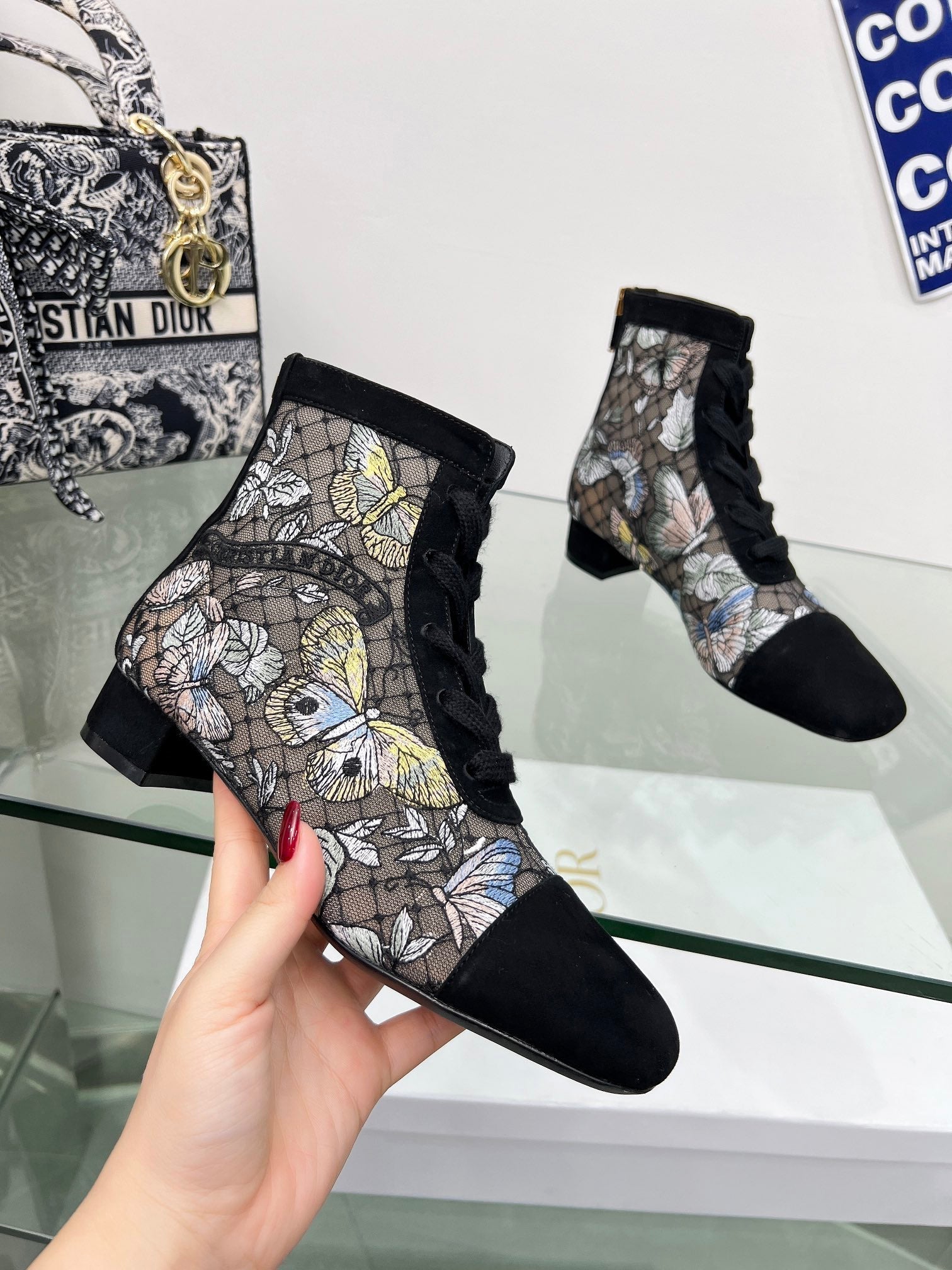 DIOR 25S NAUGHTILY-D ANKLE BOOTS 35 MM IN BLACK MESH TULLE AND SUEDE STYLE 3