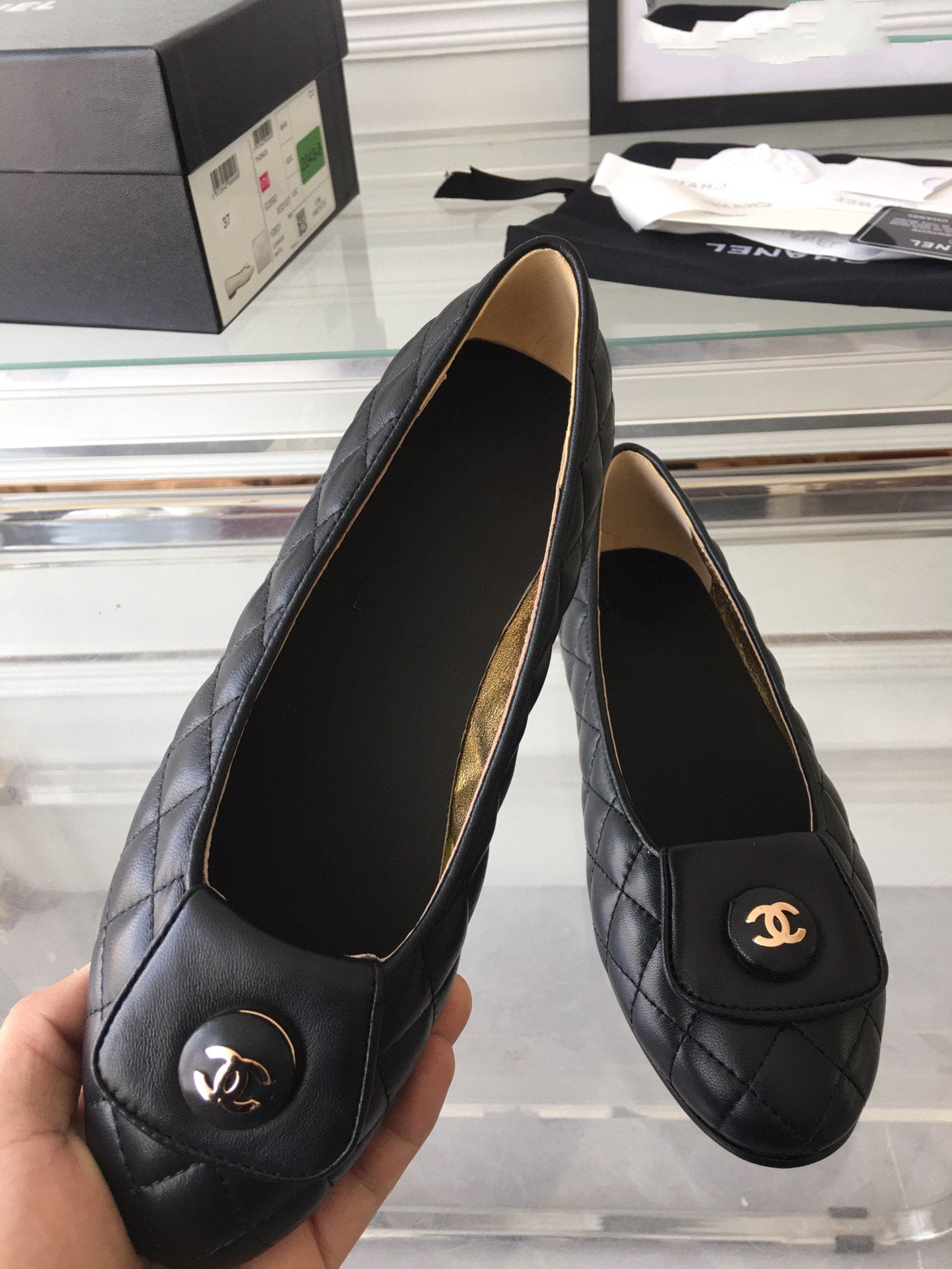 CHANEL ballet flat black quilted gold  lock