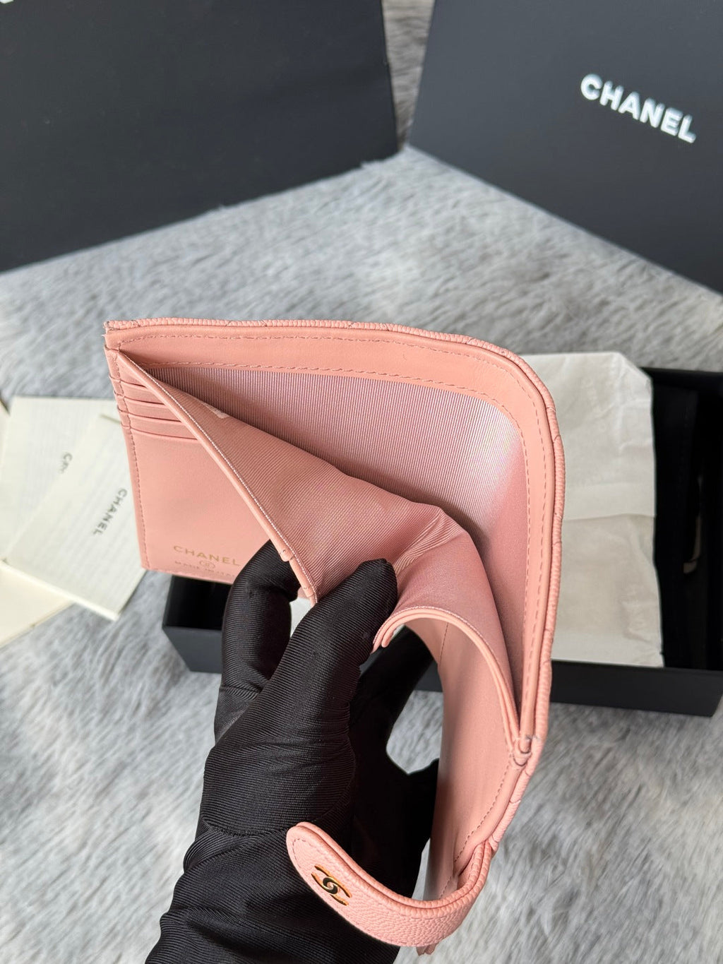 CHANEL 25S MULTI PURPOSE PASSPORT WALLET 15 IN PEACH PINK CALFSKIN GOLD HARDWARE