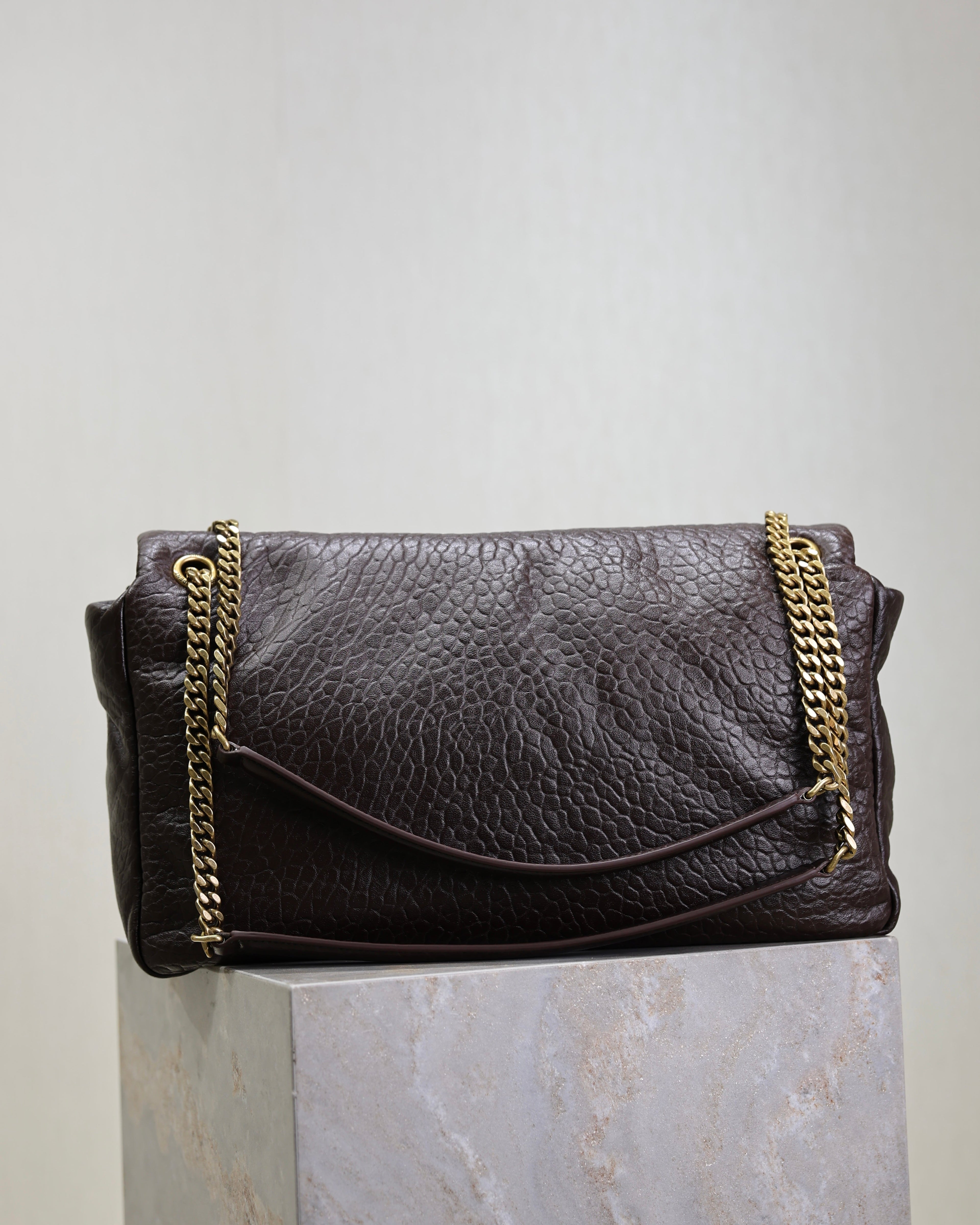 YSL 25S CALYPSO GM 38 IN DARK CHOCOLATE CALFSKIN GOLD HARDWARE