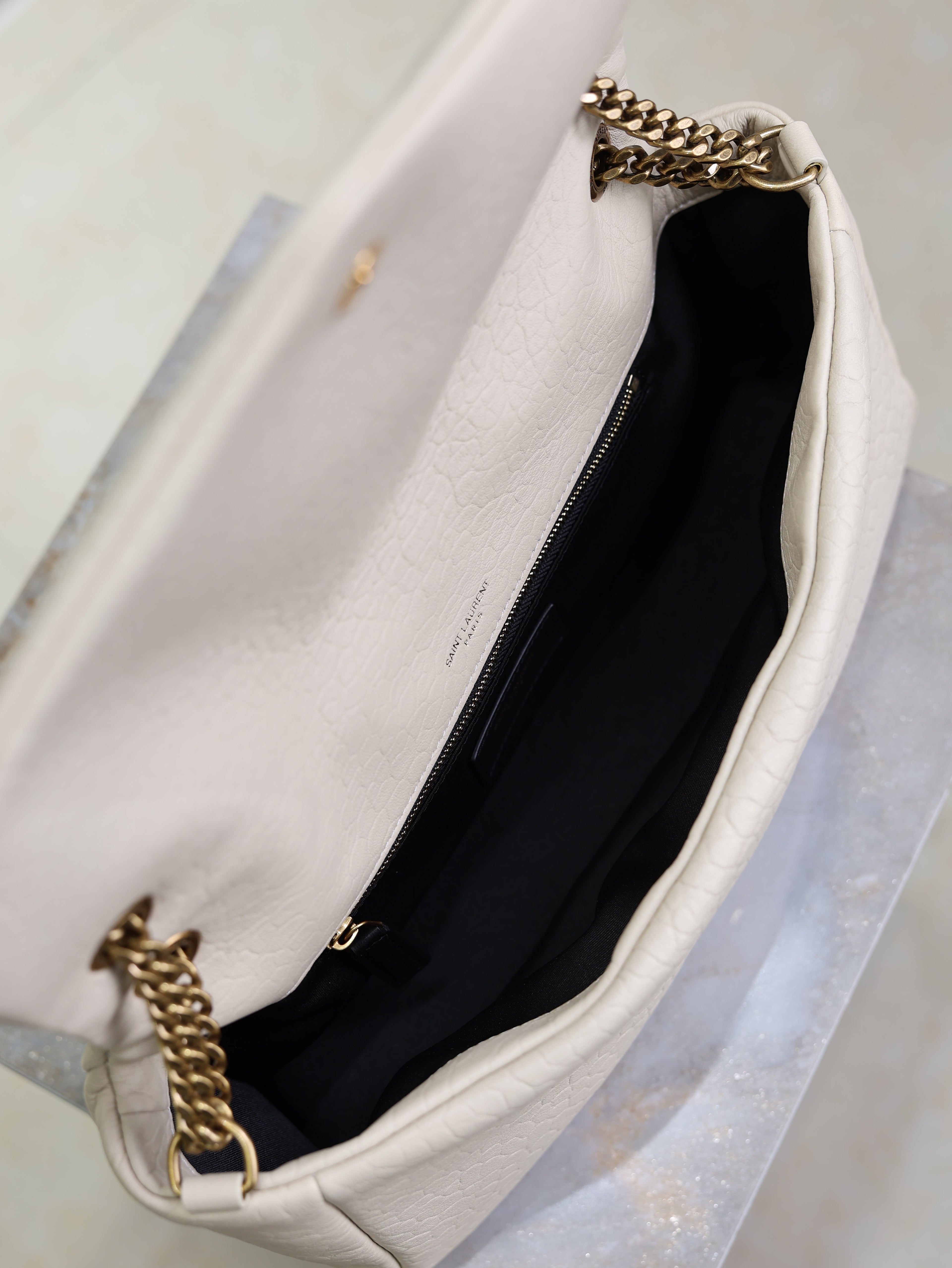 YSL 25S CALYPSO 30 IN IVORY GRAINED CALFSKIN GOLD HARDWARE