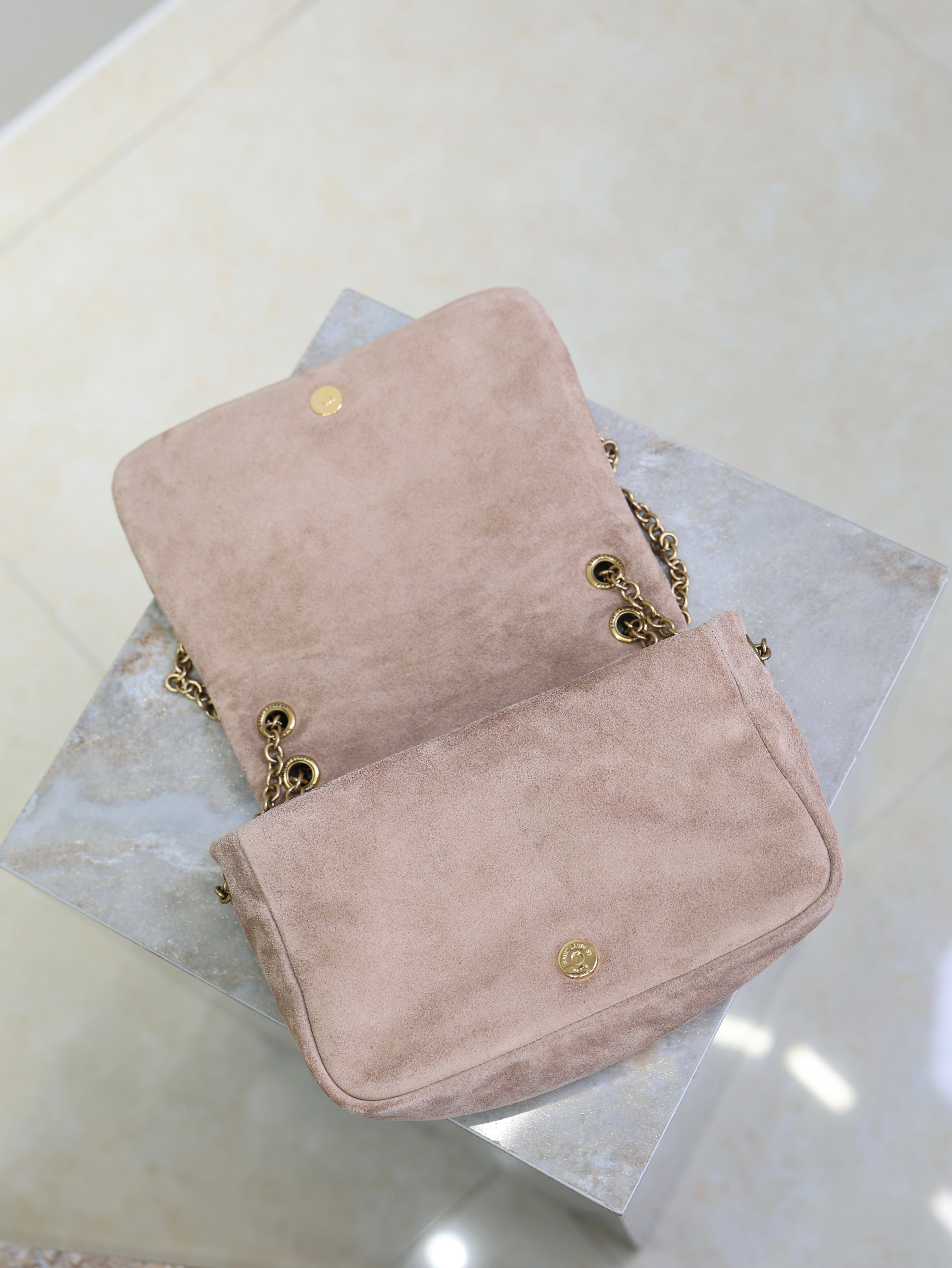 YSL 25S JAMIE 4.3 MINI 20 IN DUSTY ROSE BEIGE SUEDE GOLD HARDWARE