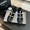 CHANEL MARY JANES SHOES BLACK GOATSKIN WITH FAUX PEARL