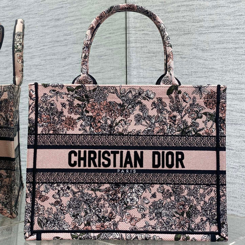 DIOR 25S LUCKY MEDIUM DIOR BOOK TOTE 36 IN PINK MULTICOLOR DIOR FLOWERS CALENDAR ALLOVER EMBROIDERY