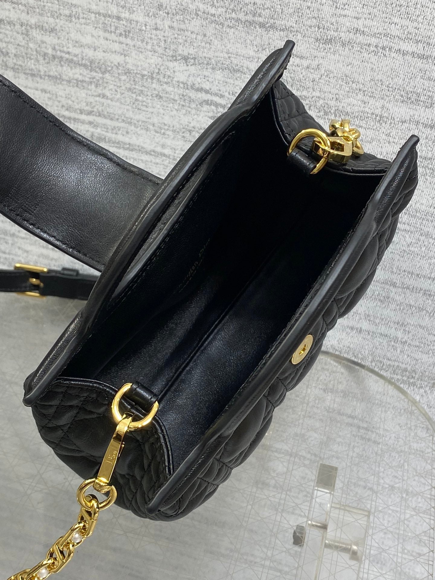 DIOR 25S JOLIE TOP HANDLE MINI BAG 18 IN BLACK CALFSKIN GOLD HARDWARE