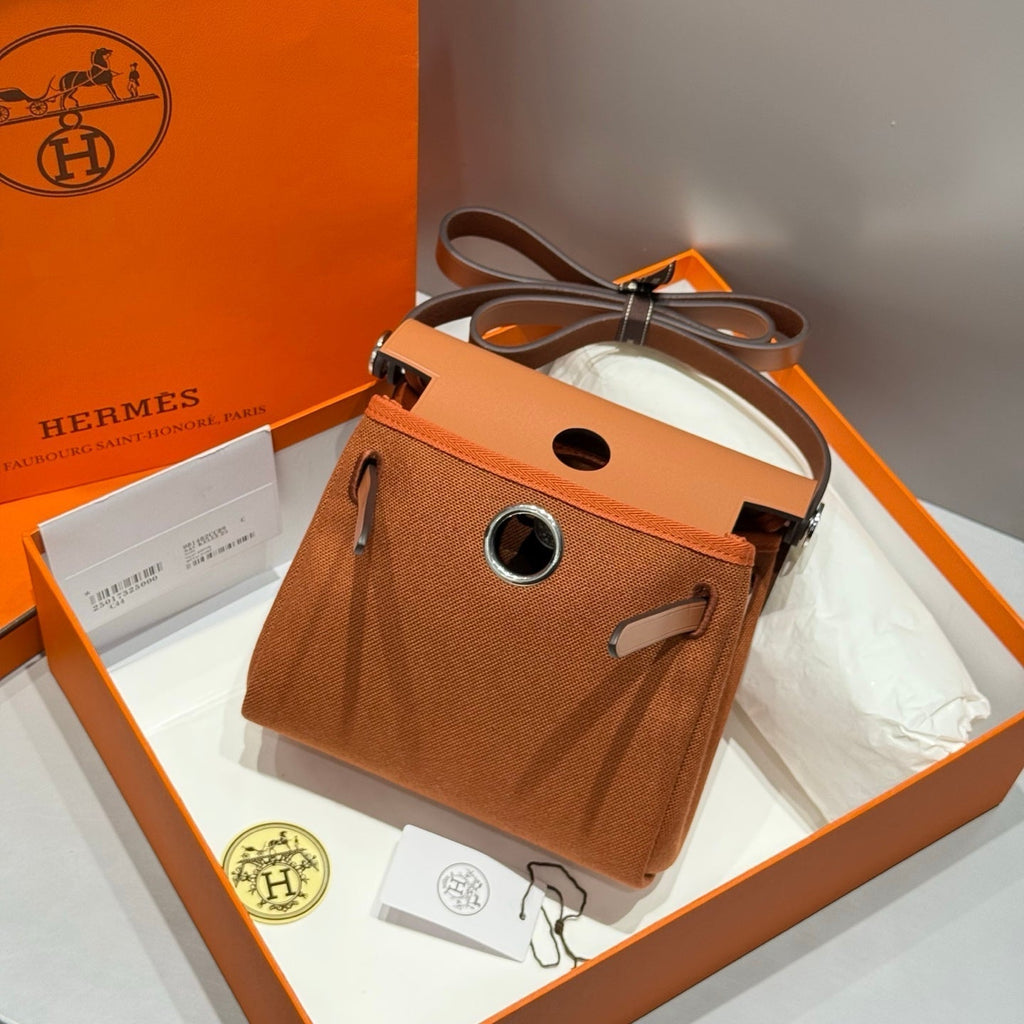 HERMES 25S MINI HERBAG 20 IN COPPER BROWN CANVAS SILVER HARDWARE