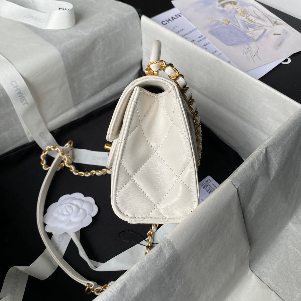 CHANEL 25S FLAP BAG 18 CM IN WHITE LAMBSKIN WITH TOP HANDLE