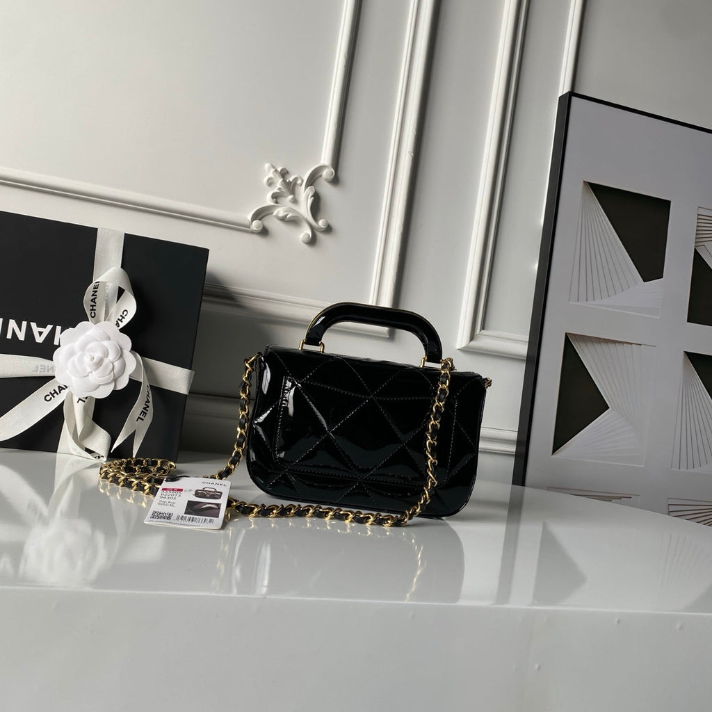 CHANEL 25S FLAP BAG 18 IN BLACK GLOSSY CALFSKIN