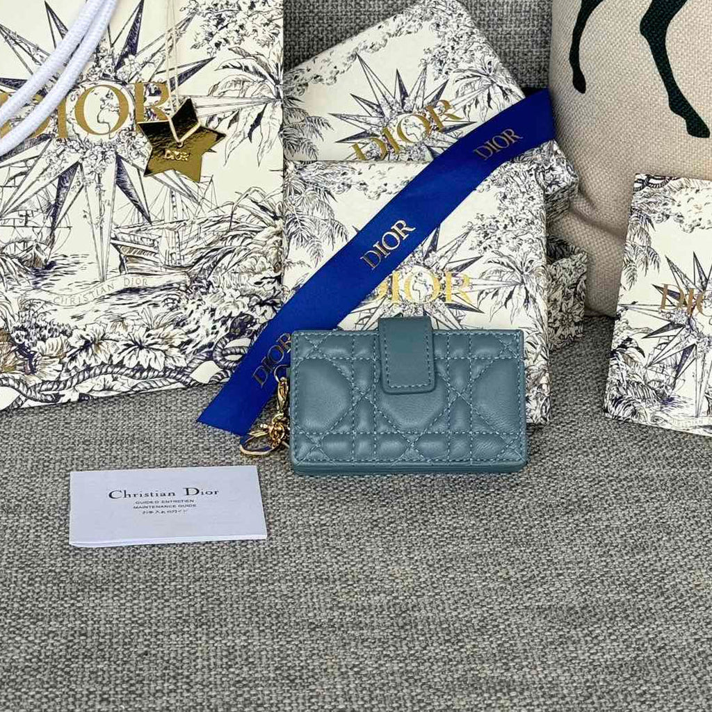 DIOR LADY JASMINE CARD HOLDER 10 IN SLATE GREY QUILTED PATENT CALFSKIN