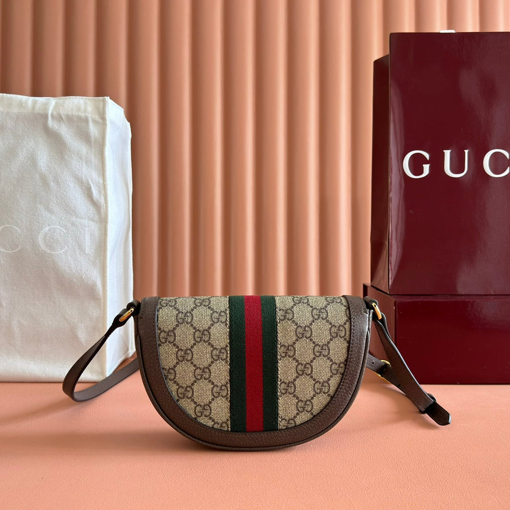 GUCCI 25S OPHIDIA MINI BAG 20 IN DARK BEIGE CANVAS AND BROWN CALFSKIN