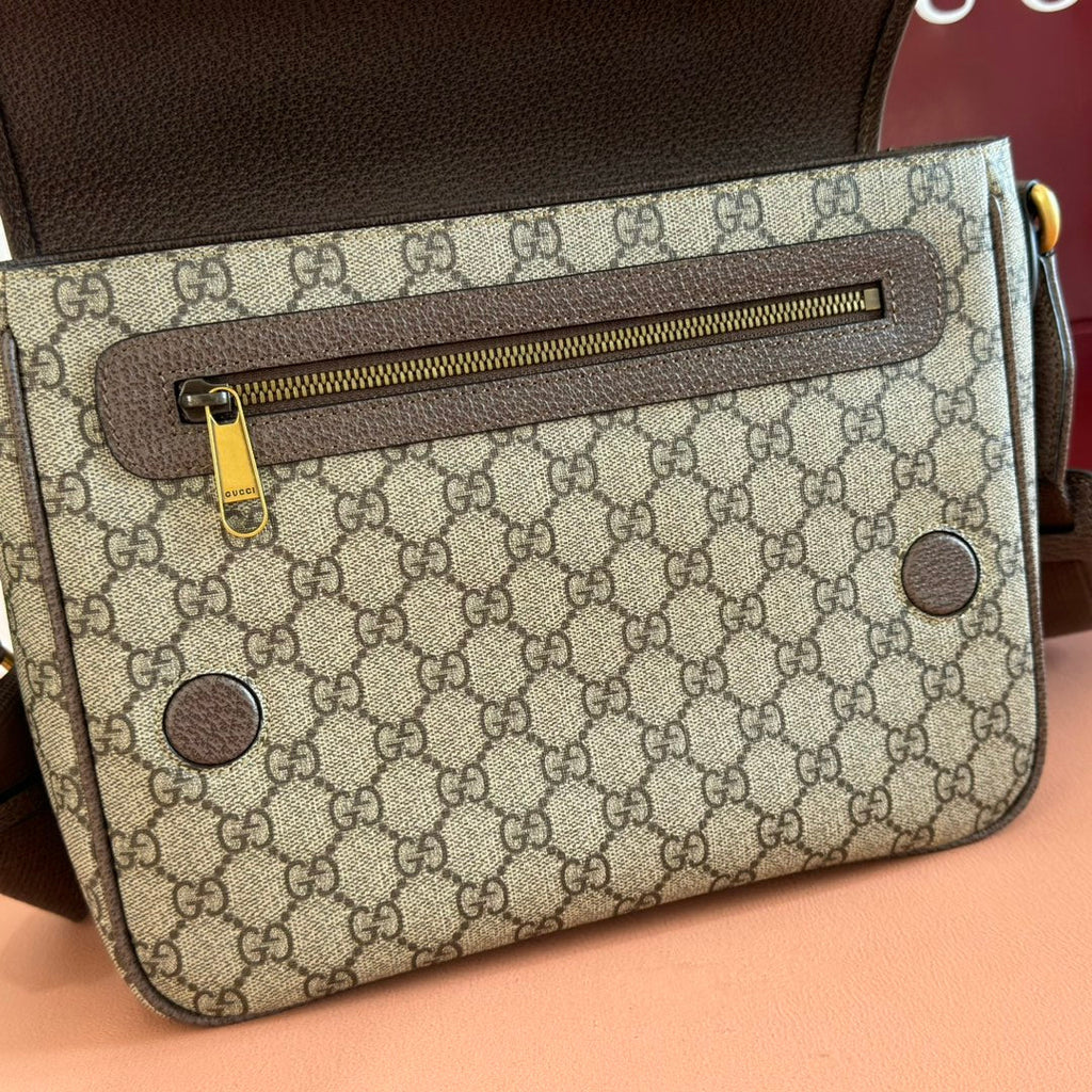 GUCCI 25S OPHIDIA MEDIUM CROSSBODY BAG 28 IN BEIGE CANVAS AND BROWN CALFSKIN