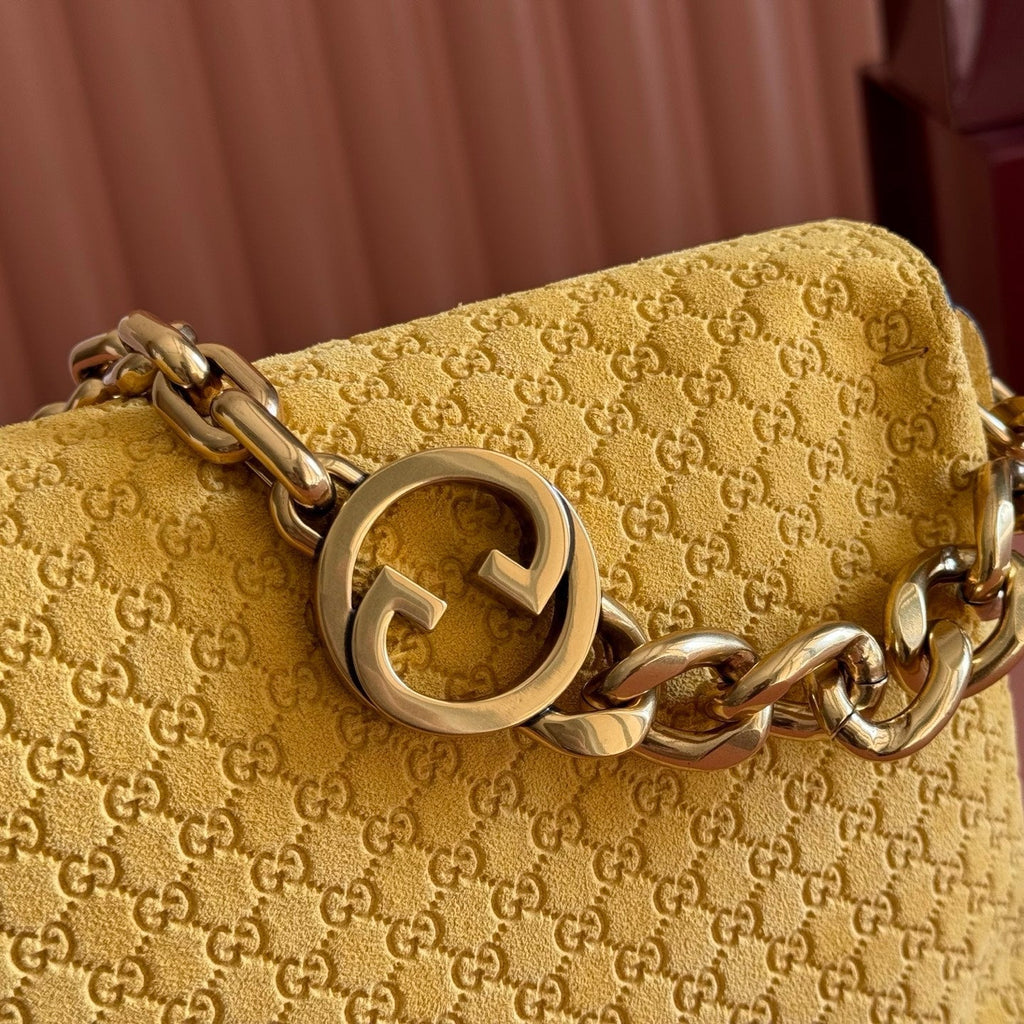 GUCCI 26S SHOULDER BAG 28 IN MUSTARD YELLOW EMBOSSED SUEDE