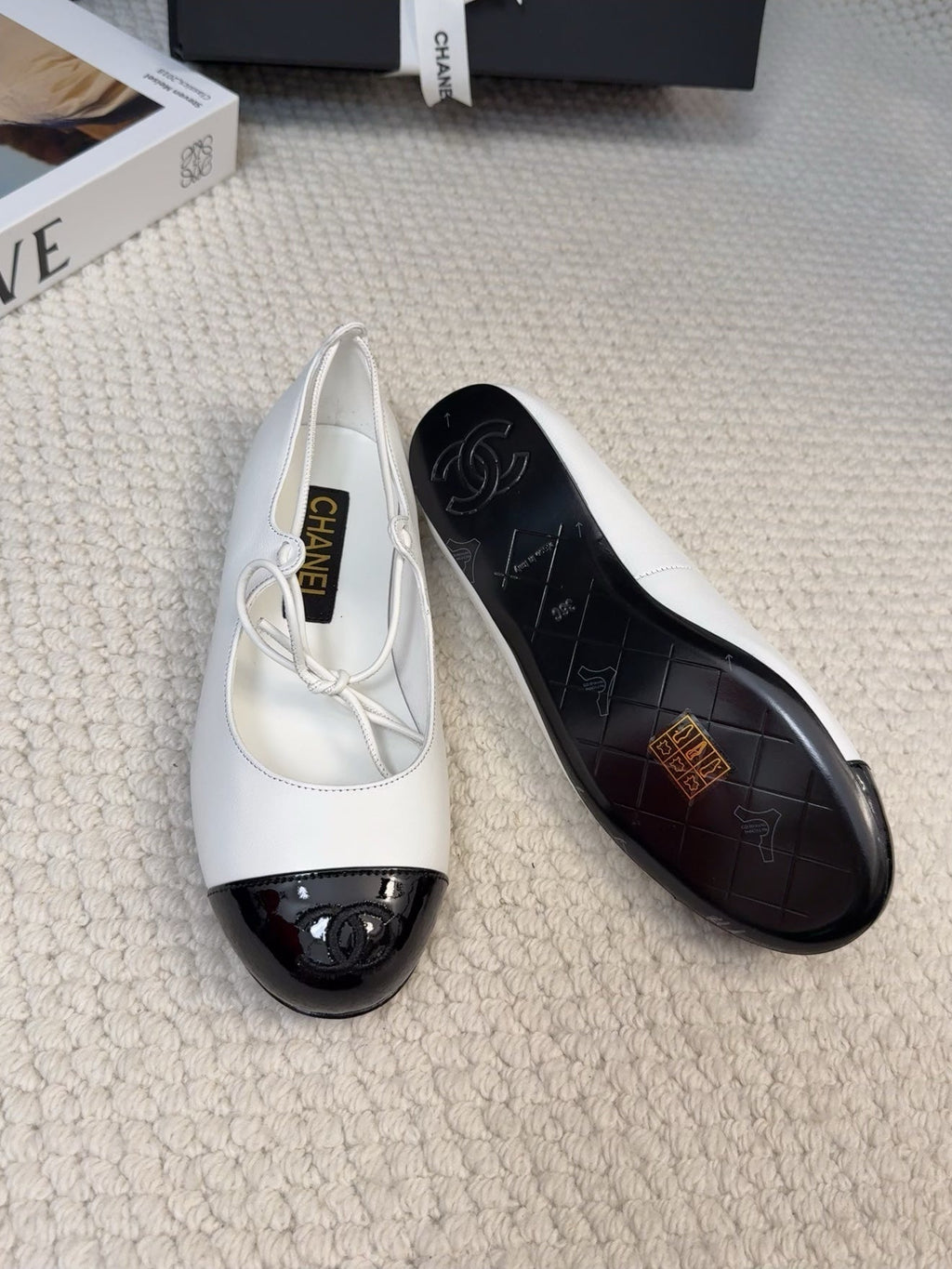 CHANEL FLAT MARY JANE PUMPS IN WHITE MIX BLACK LAMBSKIN