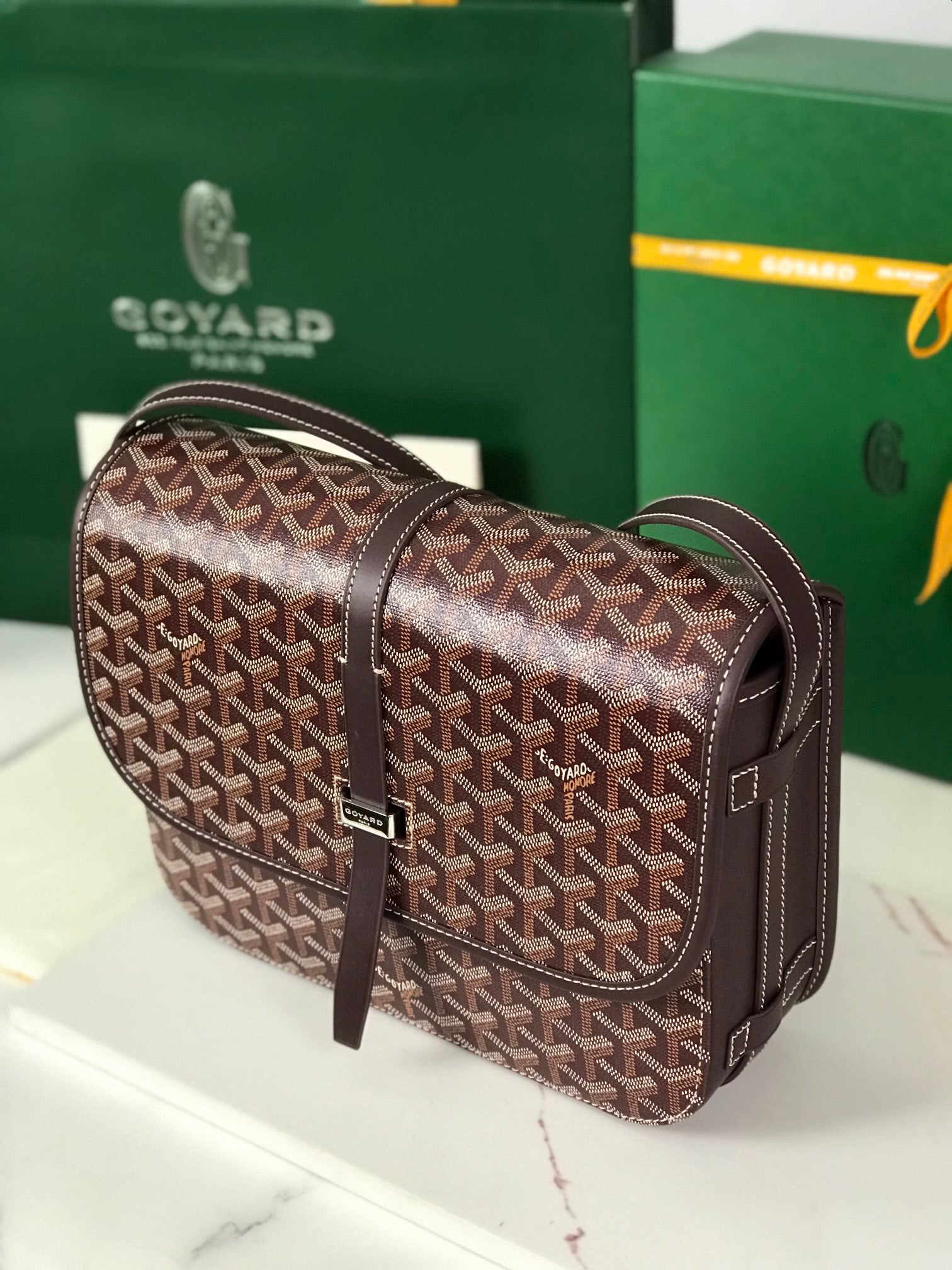 BELVEDERE MM BAG 28 IN BROWN GOYARDINE CANVAS AND CALFSKIN