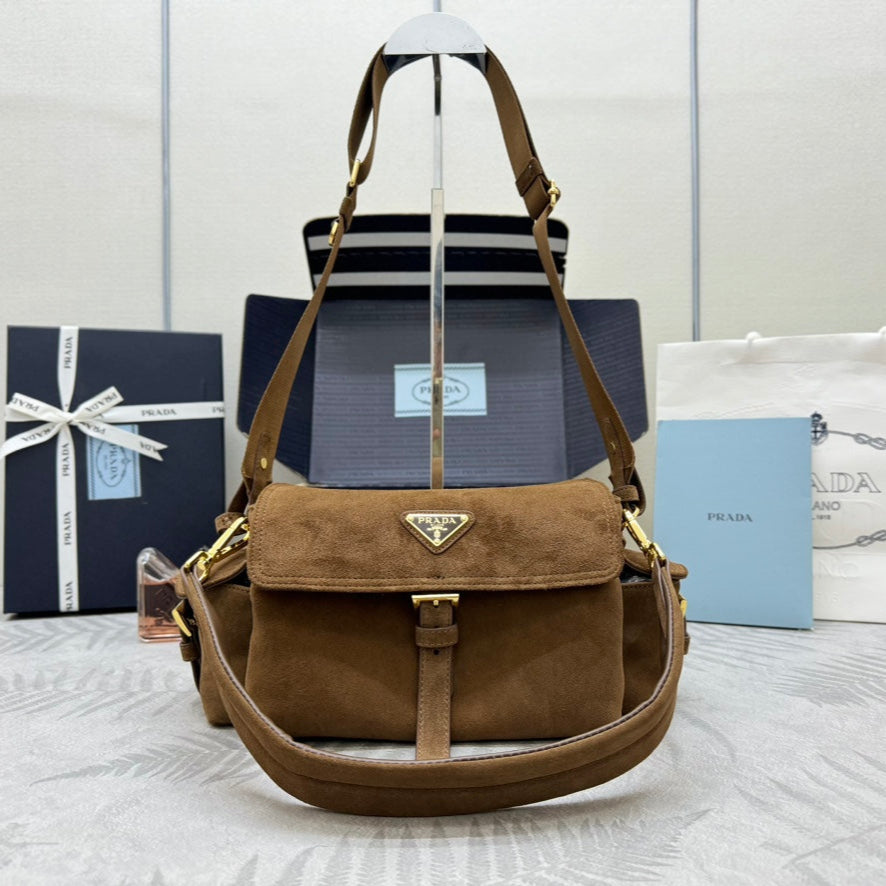 PRADA 25S EXPLORE MEDIUM SHOULDER BAG 30 IN CINNAMON SUEDE WITH FLAP