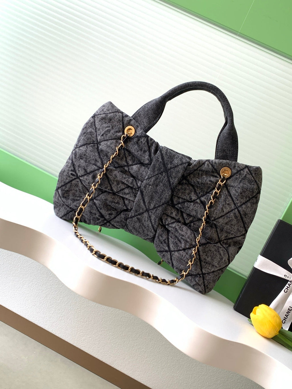 CHANEL 25S MAXI BOW BAG 38 IN DARK GREY DENIM WITH GOLD HARDWARE
