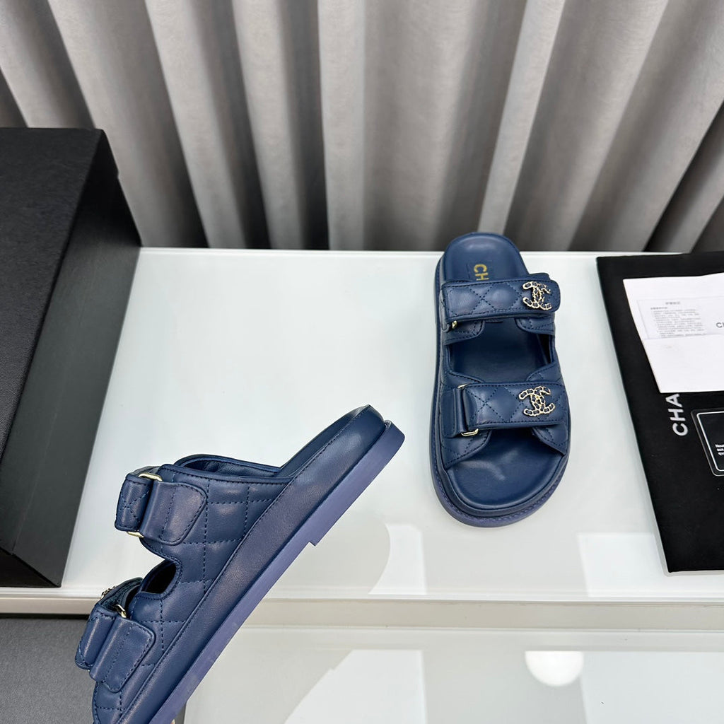 CHANEL dad sandals blue lambskin mules