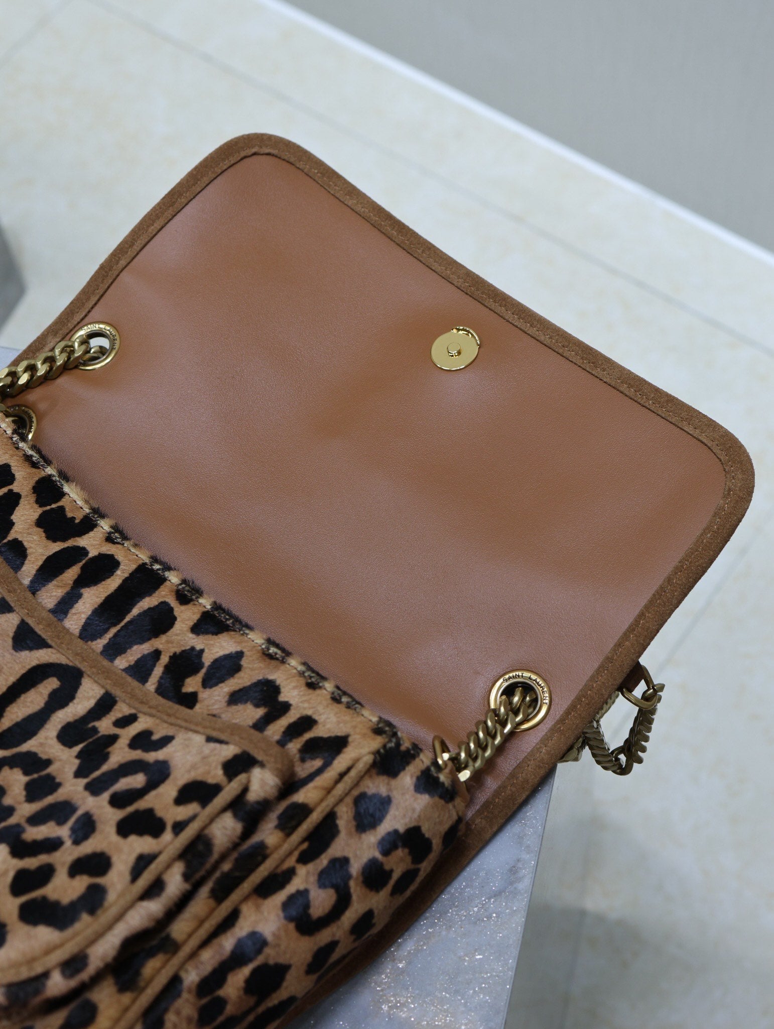 NIKI MEDIUM 28 IN LEOPARD PRINT CALFSKIN AND BROWN SUEDE TRIM