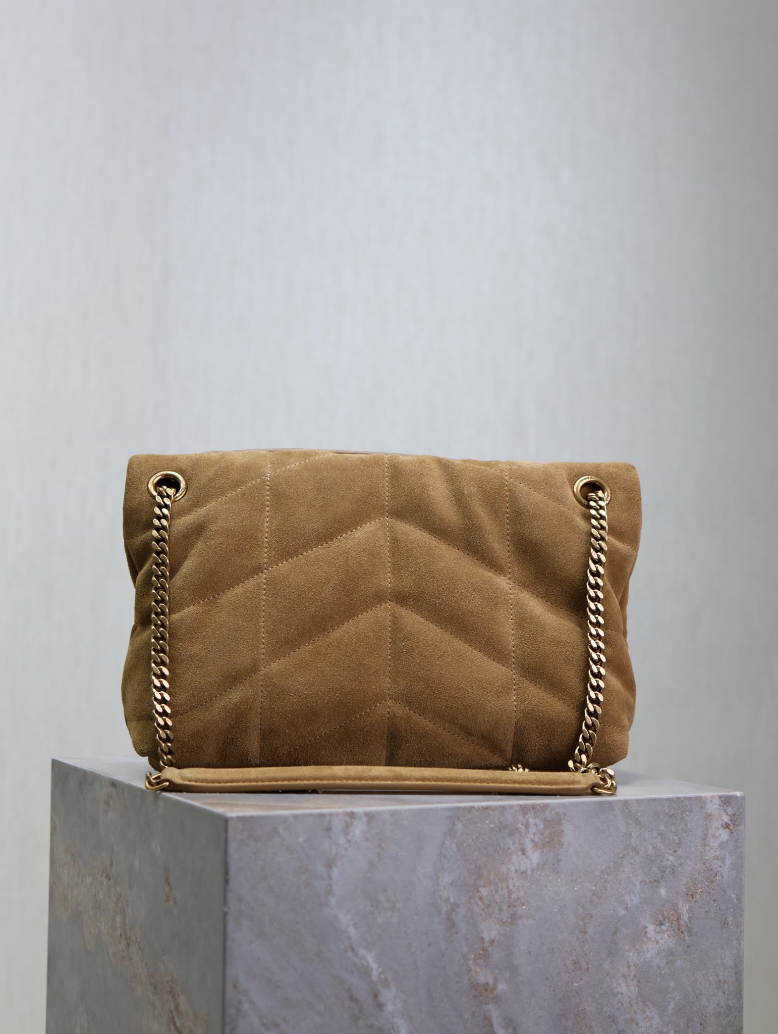 YSL 25S LOULOU PUFFER MM 29 IN TAN BROWN SUEDE GOLD HARDWARE