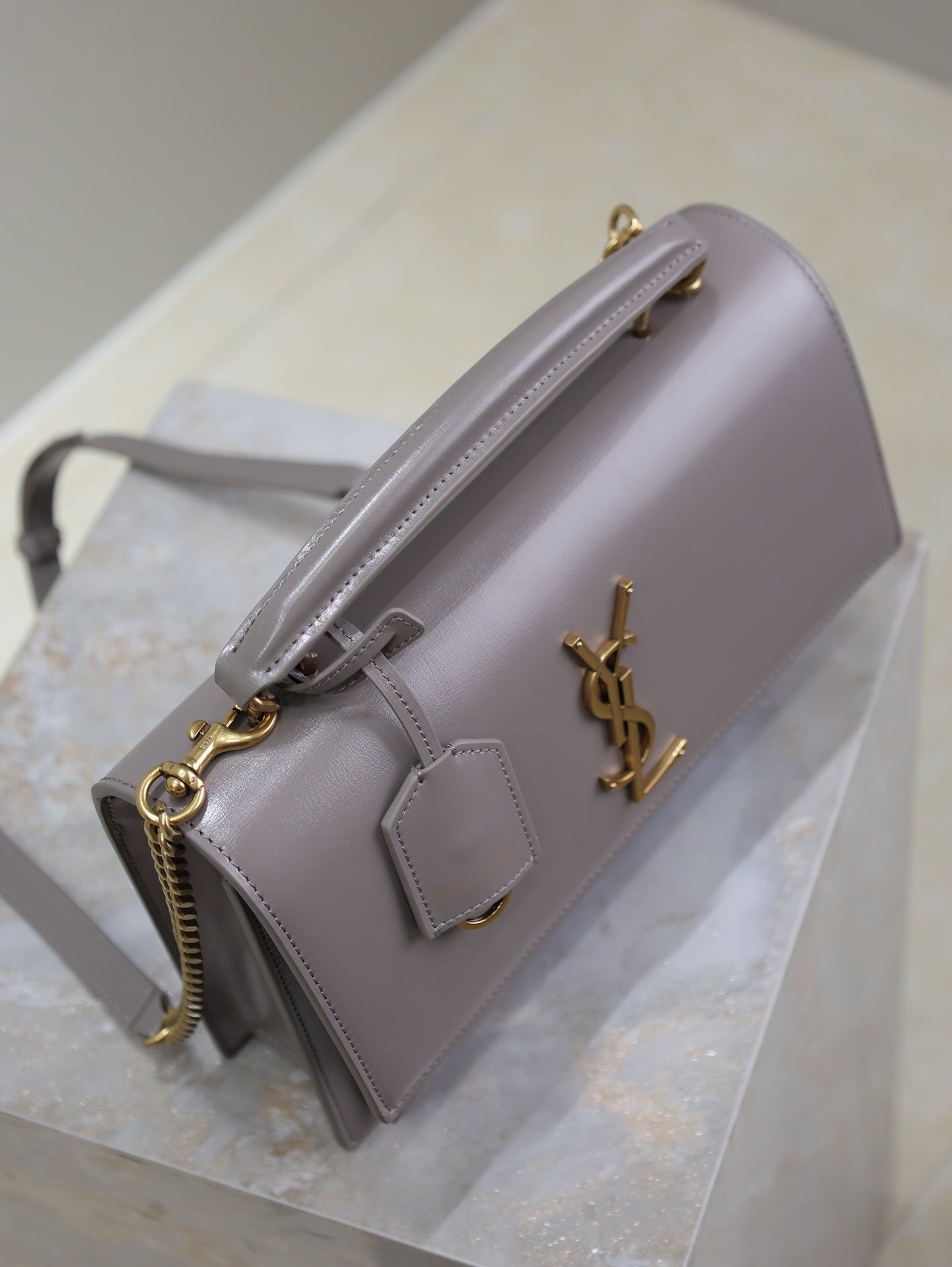 YSL 25S SUNSET MM 25 IN GRAYISH PURPLE CALFSKIN GOLD HARDWRE